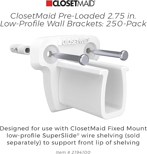 Vista 4 de ClosetMaid 21941 Soportes de pared de perfil bajo precargados de 2.75 pulgadas con anclajes para estanterías de alambre, paquete de 250