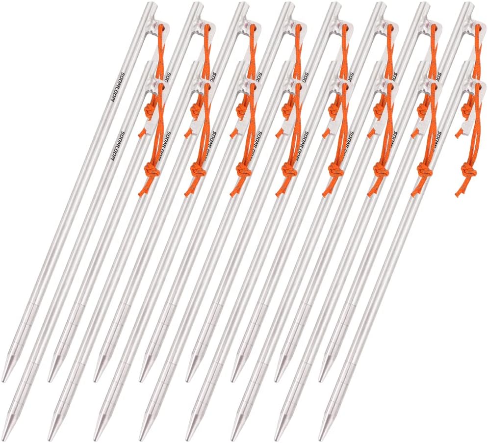 Soomloom Tent, Tarp Pegs/Stakes, 64 Titanium Alloy, with Fixed Rope, 0.3 inch (7.5 mm) x 9.8 inches (25 cm), High Strength, Corrosion Resistant, Ultra Lightweight, Outdoor Camping Equipment, Set of 16