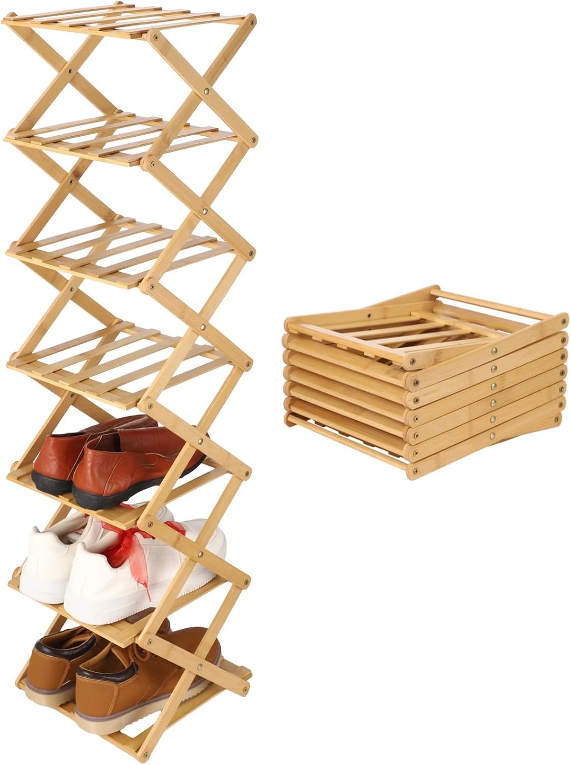 OMISTAR 7 Tier Wooden Vertical Shoe Rack, Folding Narrow Shoe Organizer, Standing Portable Shoe Storage Shelf for Entryway, Bedroom, Living Room Corner and Small Spaces, No Installation, Space-Saving