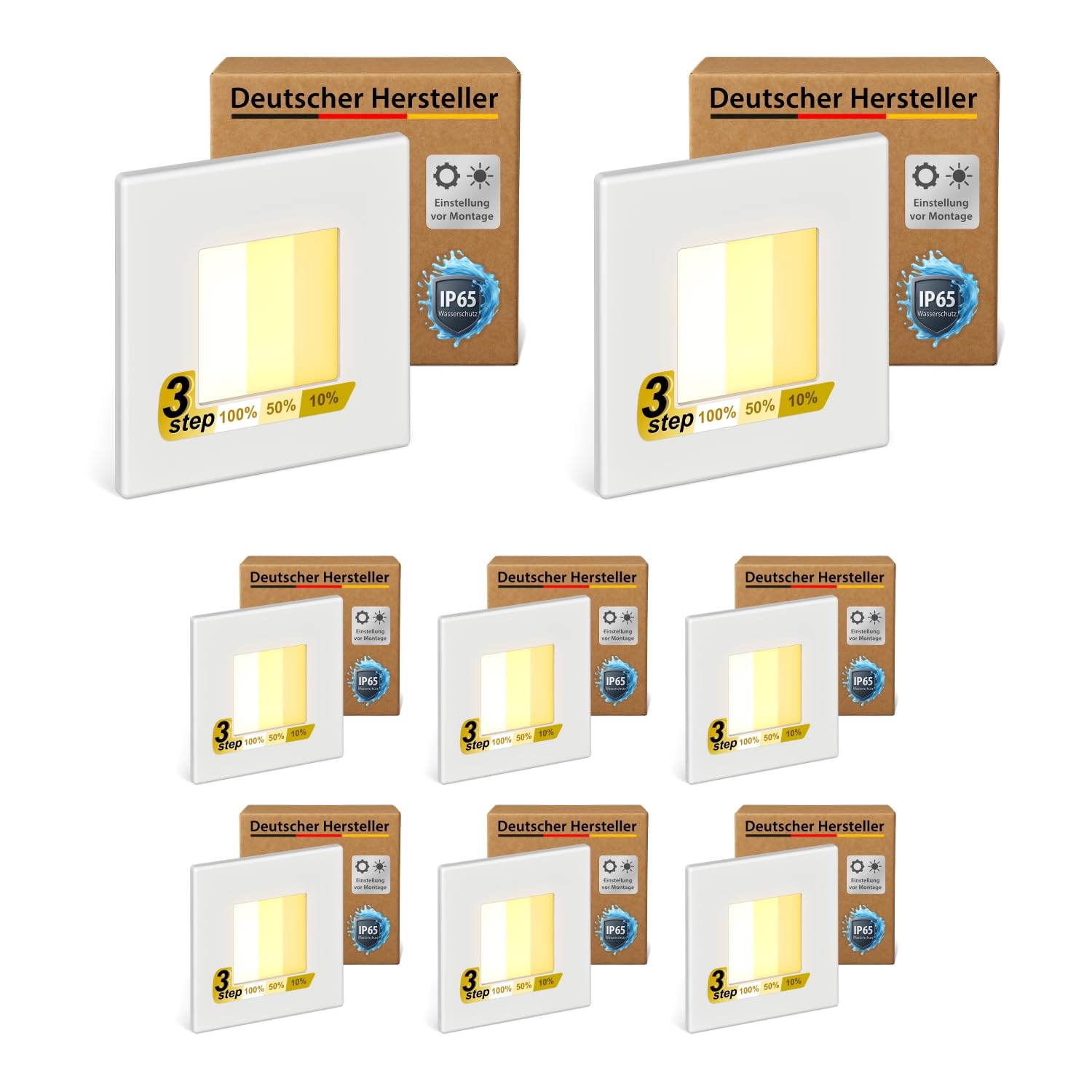 ledscom.de 8x LED Treppenlicht/Wandeinbauleuchte FEMA für innen und außen, eckig, 80 x 80mm, warmweiß