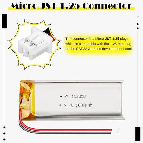 Miniatura 4 de 102050 3.7V 1000mAh LiPo Batería - Batería recargable de polímero de litio con placa de protección y conector Micro JST 1.25 para dispositivo