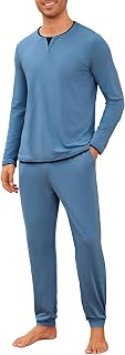 Pijama Hombre Invierno Algodón Manga Larga con Cuello Redondo Diseño de Escote con Efecto de Capas Conjunto de Dormir Cómodo para Casa