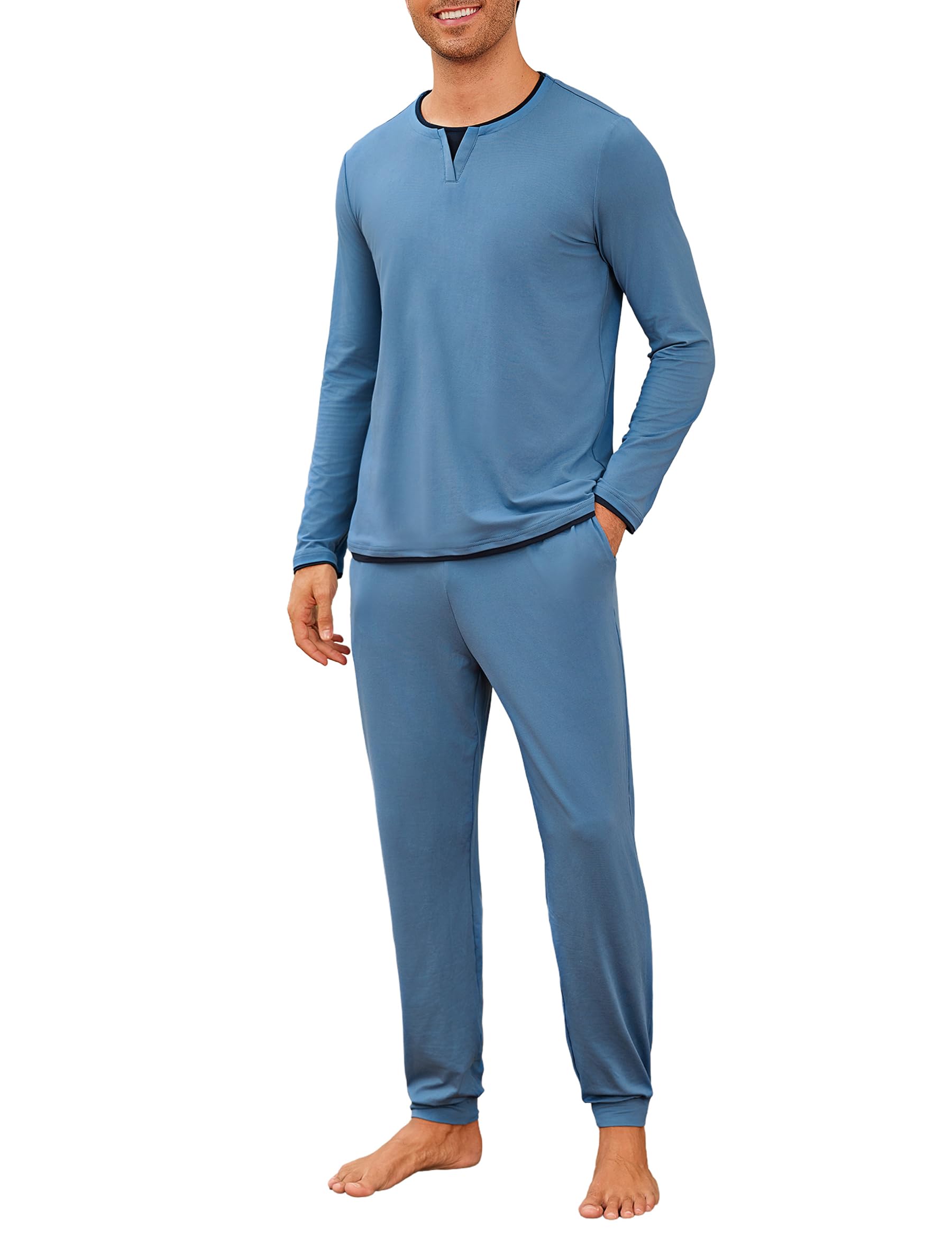 Jahetuul Pigiama Uomo Invernale Caldo Cotone Lungo Pigiami Due Pezzi da Uomo Maniche Lunghe Top con Design a Colletto Multistrato Lunghi Pantaloni con Tasche e Coulisse