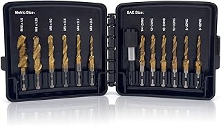 Combination Drill & Tap Bit Set, 6 pc SAE (6-32NC ~ 1/4-20NC) and 6 pc Metric (M3 ~ M10) Titanium Coated Drill Bits Kit for Drilling Screw Threads Tapping Countersinking, with Quick Change Adapter