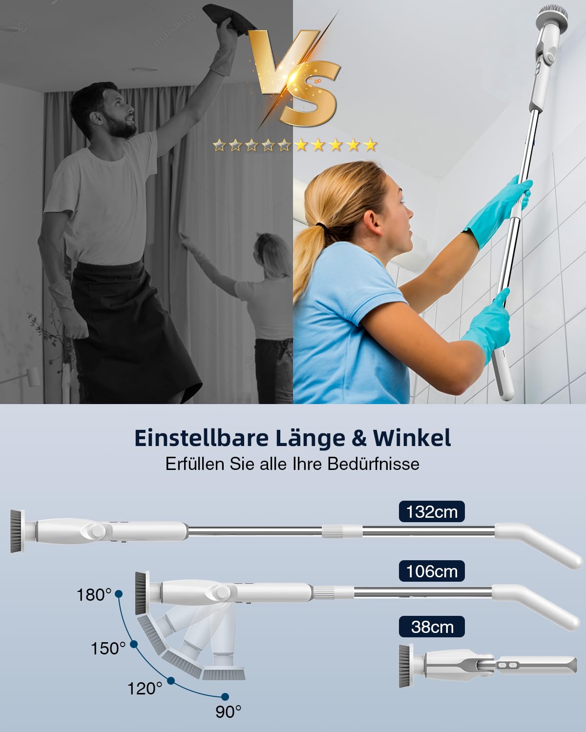 Leebein Elektrische Reinigungsbürste, Neues Spin Scrubber mit 8 Austauschbaren Bürstenköpfen, Verstellbarem Verlängerungsgriff & 2 Rotationsgeschwindigkeiten für Bad/Küche/Auto