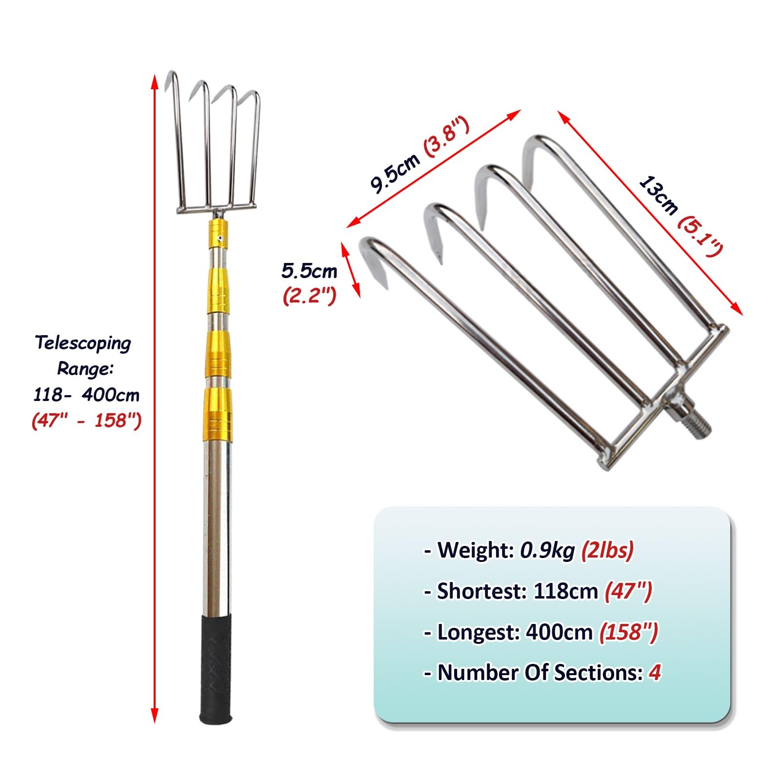 Mezzo Marinaio per Barca Rastrello per Alghe a 2/3/4 Artigli, Retrattile Lungo 60-600 cm Accessori Barca, Pali da Barca Estensibili a 3 Stadi, per Spingere e Tirare(4-Claw,118-400cm/47" - 158")