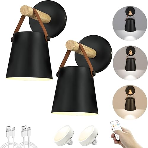 Aplique de pared a pilas con control remoto, juego de 2 lámparas de pared con batería recargable, no necesita cableado, luz LED regulable, lámpara
