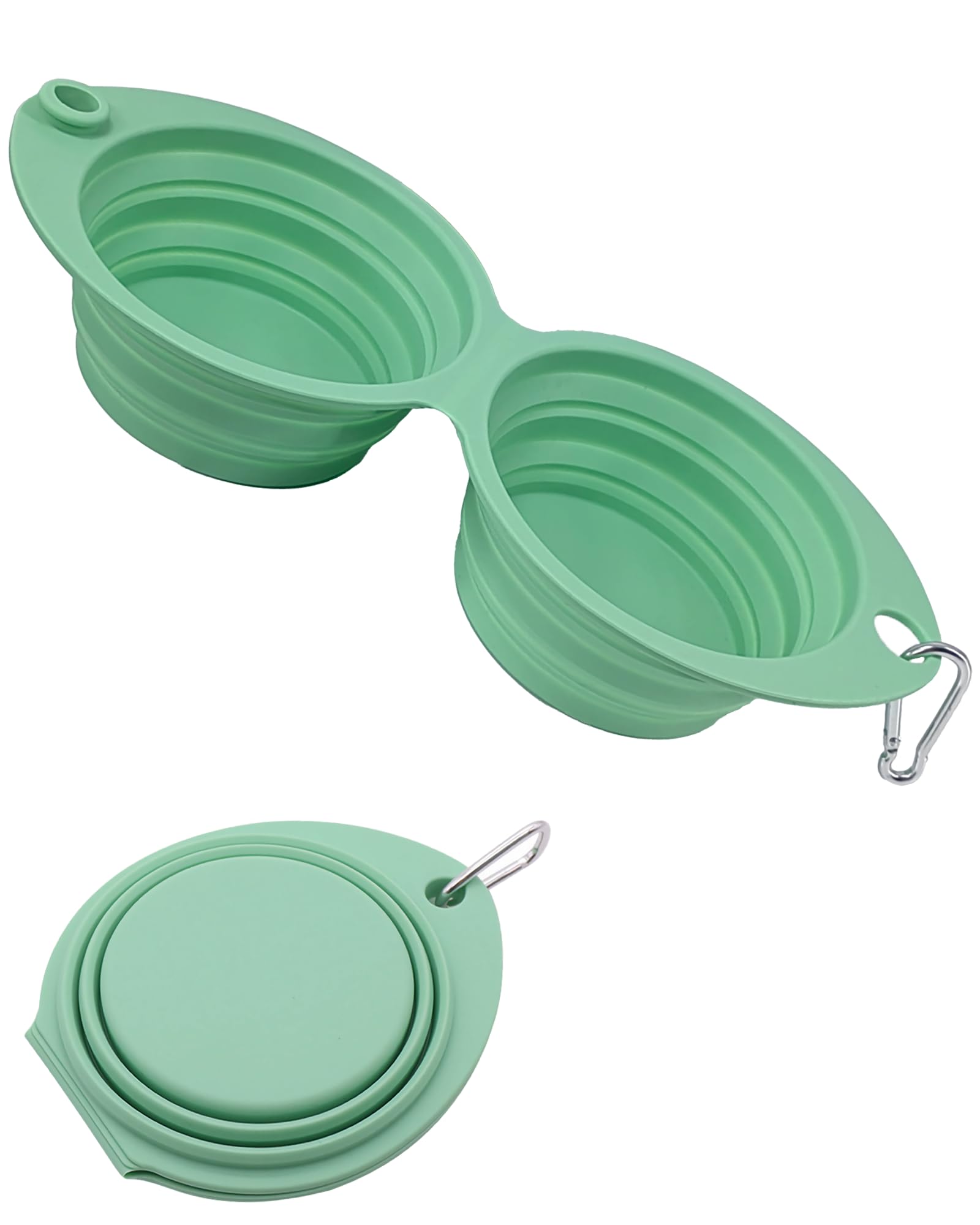 2-in-1 Collapsible Silicone Dog Dual Bowls, Double Dish for Dogs & Cats, Portable Foldable Food & Water Feeder with Carabiner, Leakproof Anti-Spill