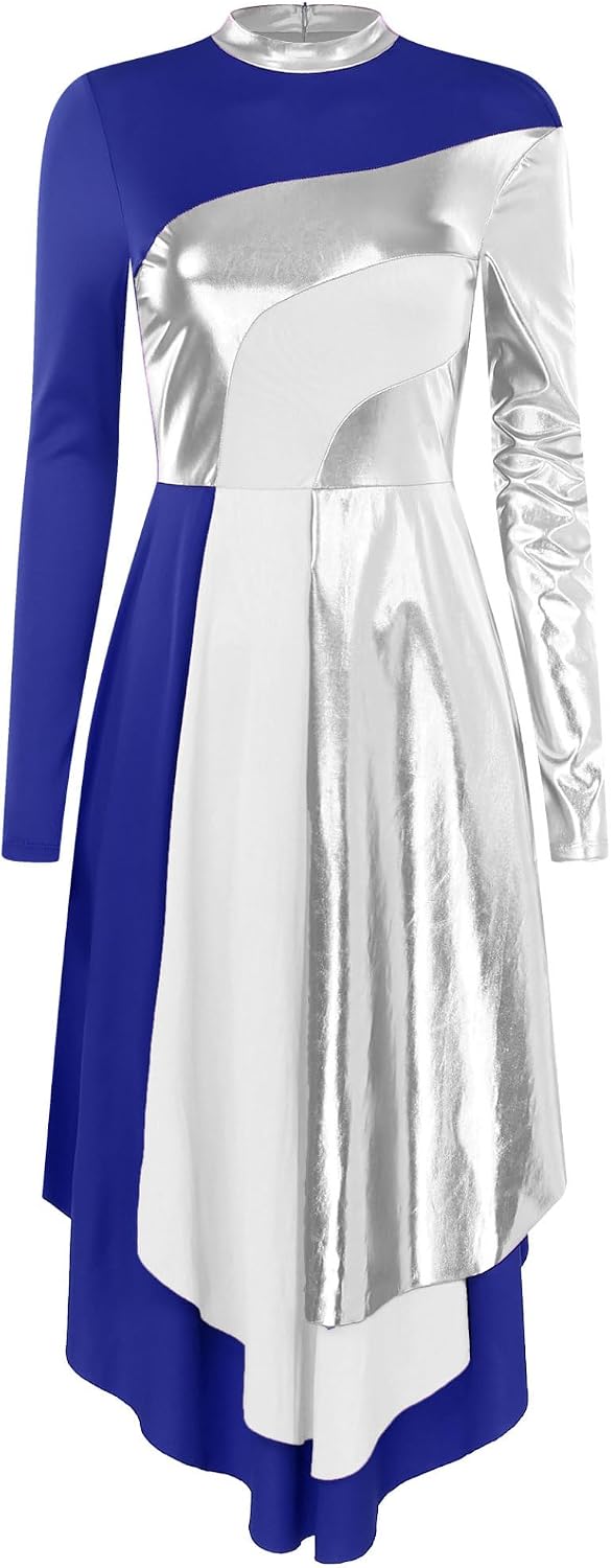 Womens Liturgical Praise Dance Dress Metallic Color Block Long Sleeve Asymmetrical Hem Lyrical Worship Costume