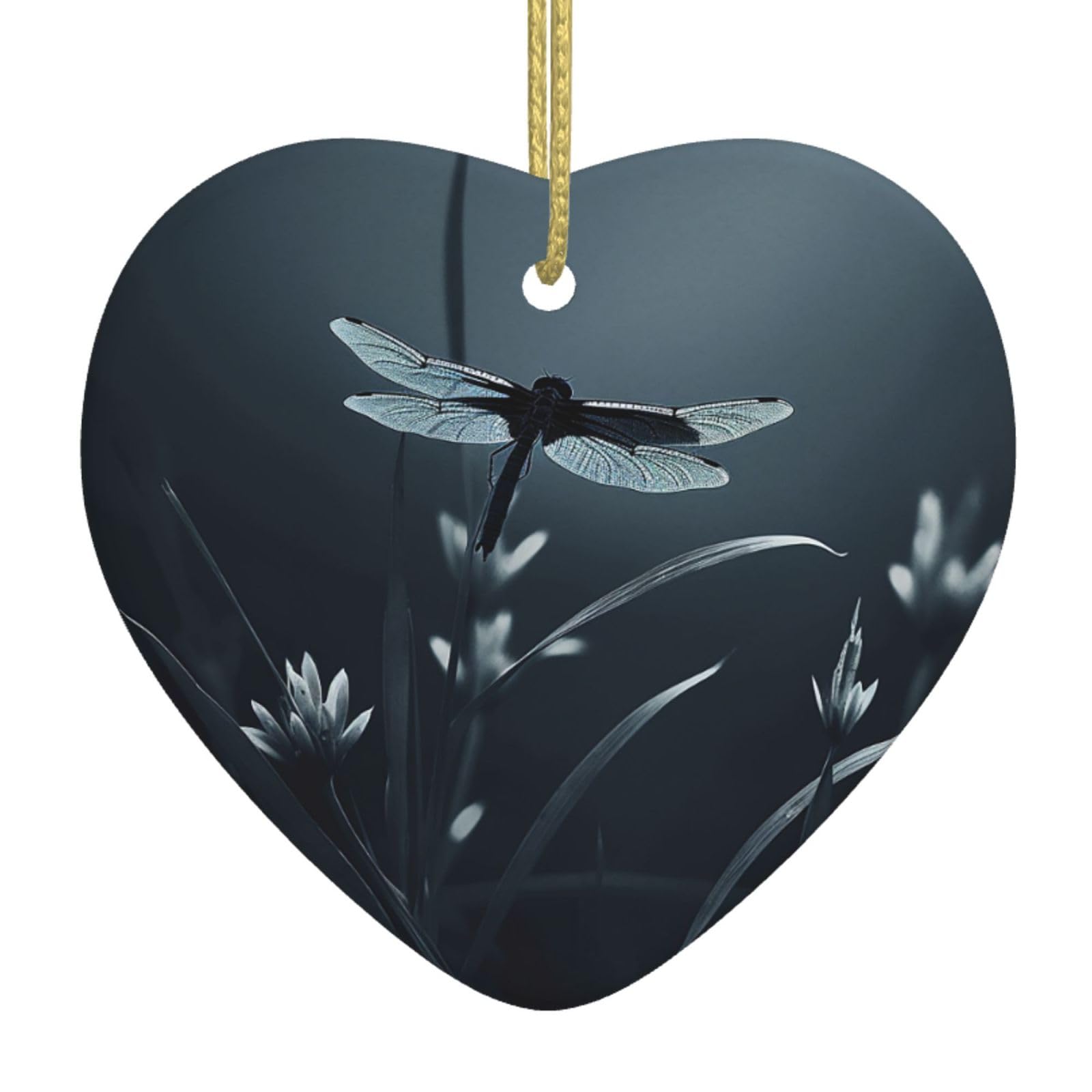 Dragonfly Silhouette Christmas Ornament 2025 Heart Ceramic Hanging Ornaments for Home Decor Christmas Decorations with Gold Rope Double-Sided Xmas Tree Ceramic Hanging for Holiday Party