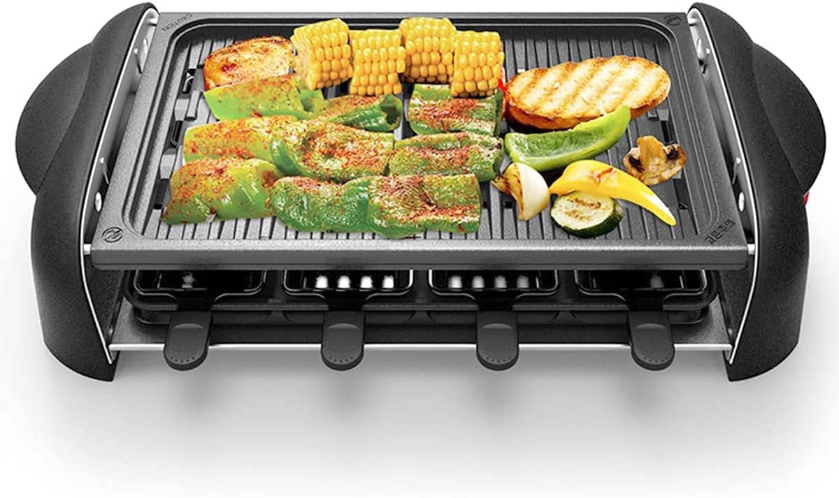 BBQ Smokeless Grill Raclette Grill Smokeless Party Grill Electric BBQ Grill with Non-Stick Grilling Surface, 1200W Temperature Control, Dishwasher Safe, Serve the whole family