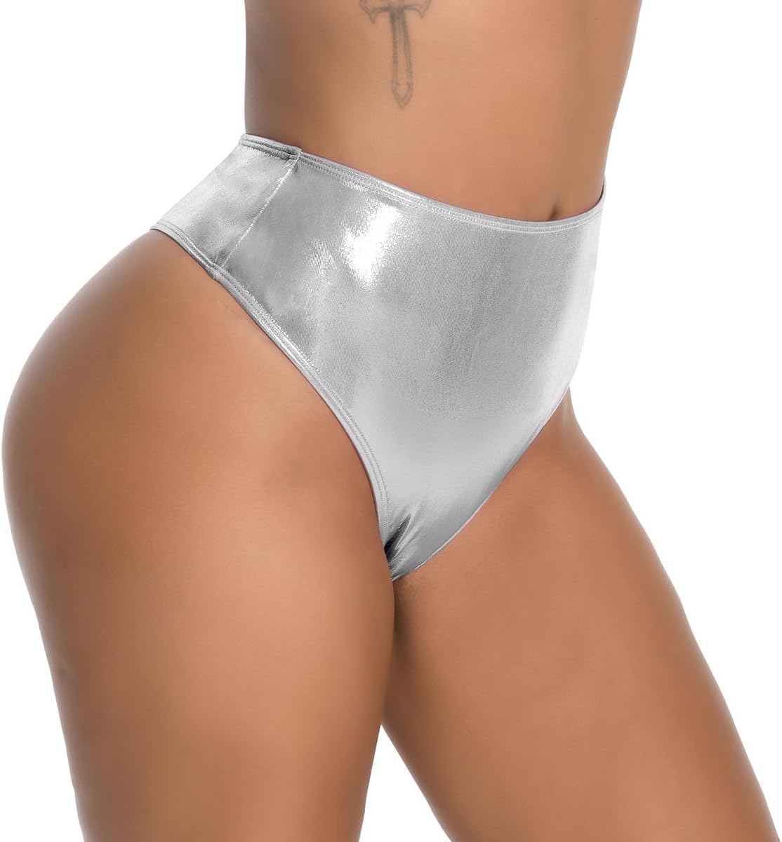 Kepblom Women's Thong Metallic Rave Bottoms Shiny High Waisted Panties
