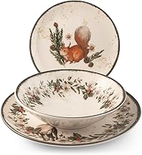 H&H Garland 18 Piece Stoneware Decorated Dinner Set - Winter, Montano and Christmas Style - Fruit Plate with Squirrel, Garland on Flat and Bottom Plates - Washable, Microwave