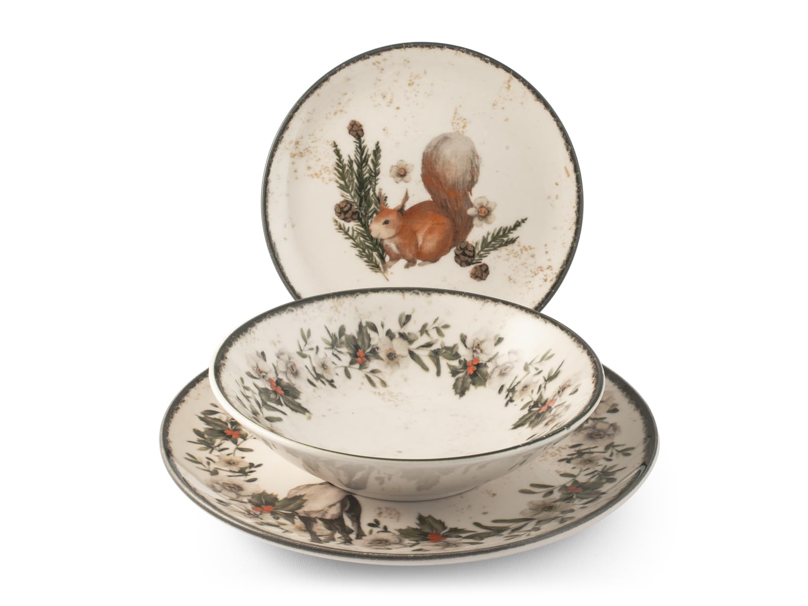 H&H Juego de Mesa Navidad 18 Piezas Garland en Gres - Platos Planos, Sopas y Postres - Decoraciones Elegantes con Animales y Guirnalda Invernales