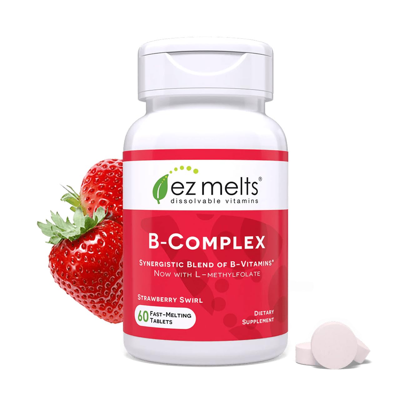 EZ Melts B-Complex with Methylcobalamin and Methylfolate, Sublingual Vitamins, Vegan, Zero Sugar, Natural Strawberry Flavor, 60 Fast Dissolve Tablets