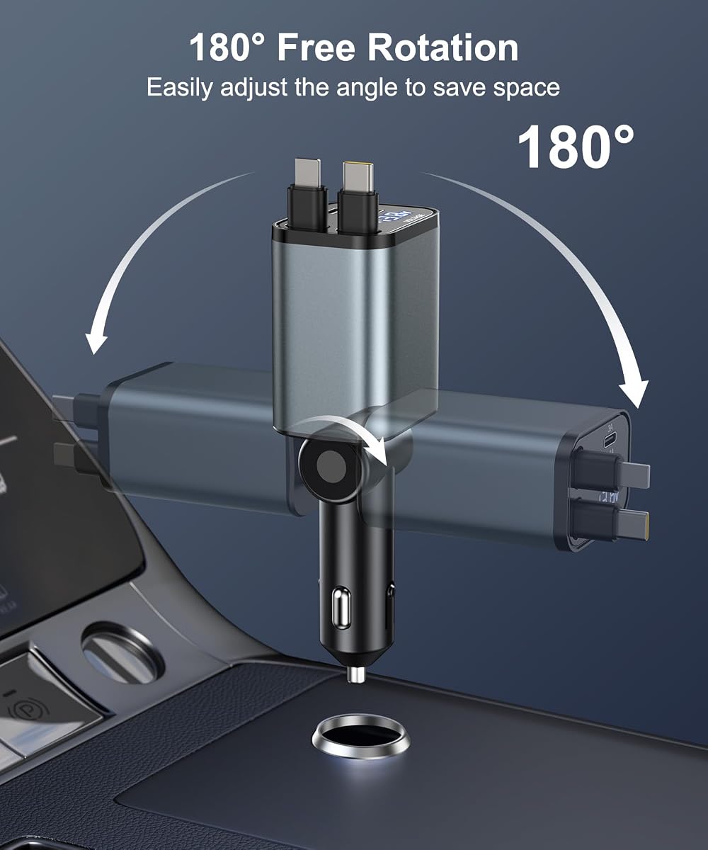Gritin Retractable Car Charger, 69W Super Fast 4 in 1 USB C Car Charger Adapter with Smart Device-Adaptive Charging Technology&Instant Voltage Display, Accessories for iPhone17 16 Pro Max,iPad,Android Gray — view 6