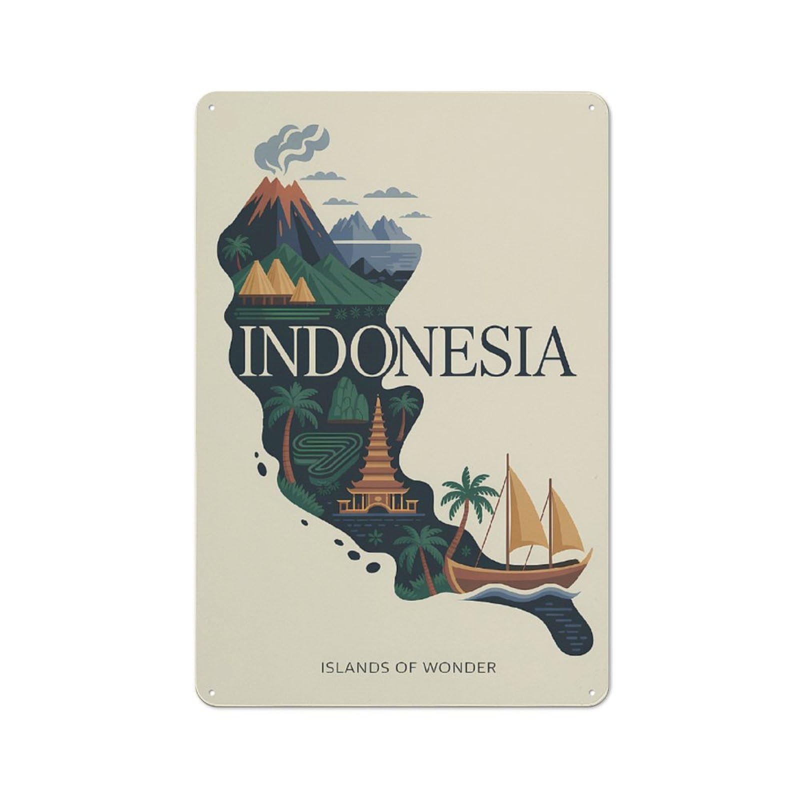 Junmoney Style-9 Tin Sign 30X20cm With Indonesia Islands Of Wonder Travel For Garage Wall, Rustic Decor, For Kitchen, Dining Room And Home Bar Wall Decor