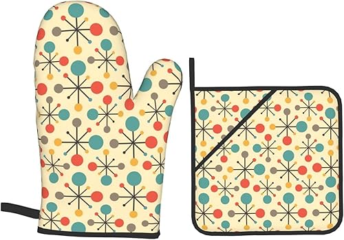 Miniatura 9 de Guantes de horno atómicos y soportes para ollas retro de mediados de siglo Fifties, resistentes al calor, juego de 4 piezas, impermeables,