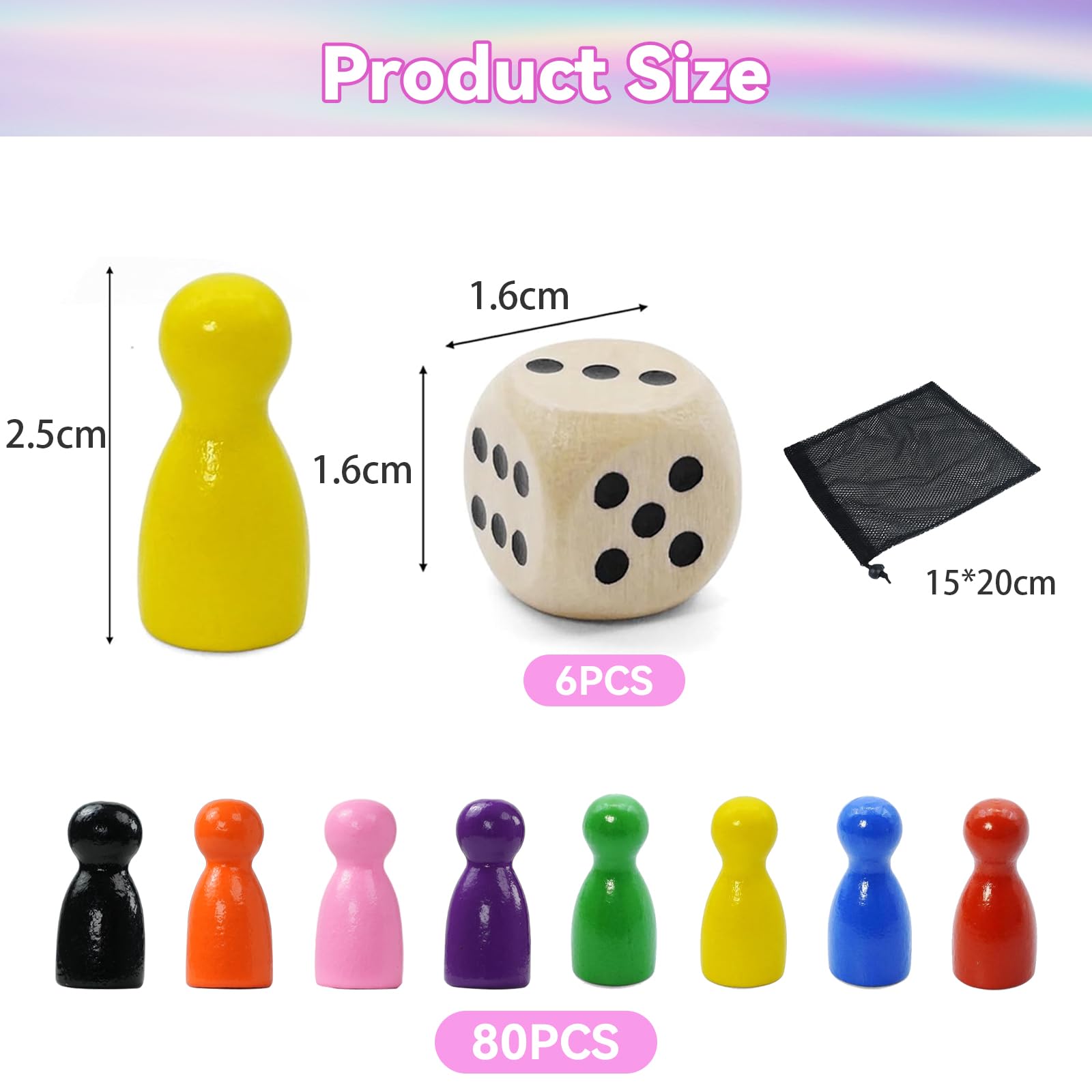 80PCS figurek do gier planszowych, 25x12mm, 8kolorów, 6kostek | kolorowe drewniane stożki, zestaw ze sznurkiem do przechowywania, do gier planszowych, puzzli