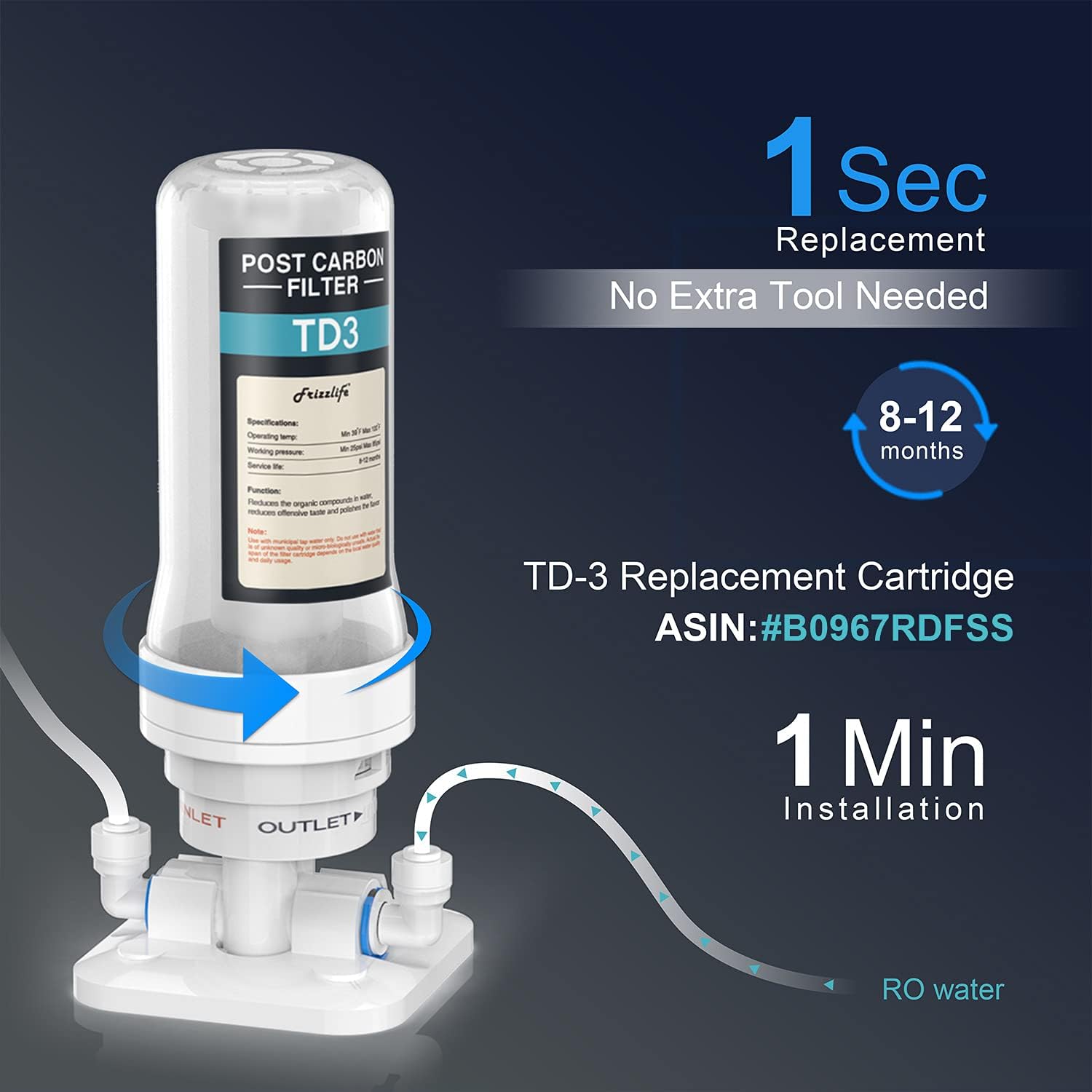 Frizzlife TD-3 Inline Water Filter, Fast Replacement Post Water Filter Removes Chlorine, VOCs & Odor, Adjust Taste, 1/4" and 3/8" Quick Connect