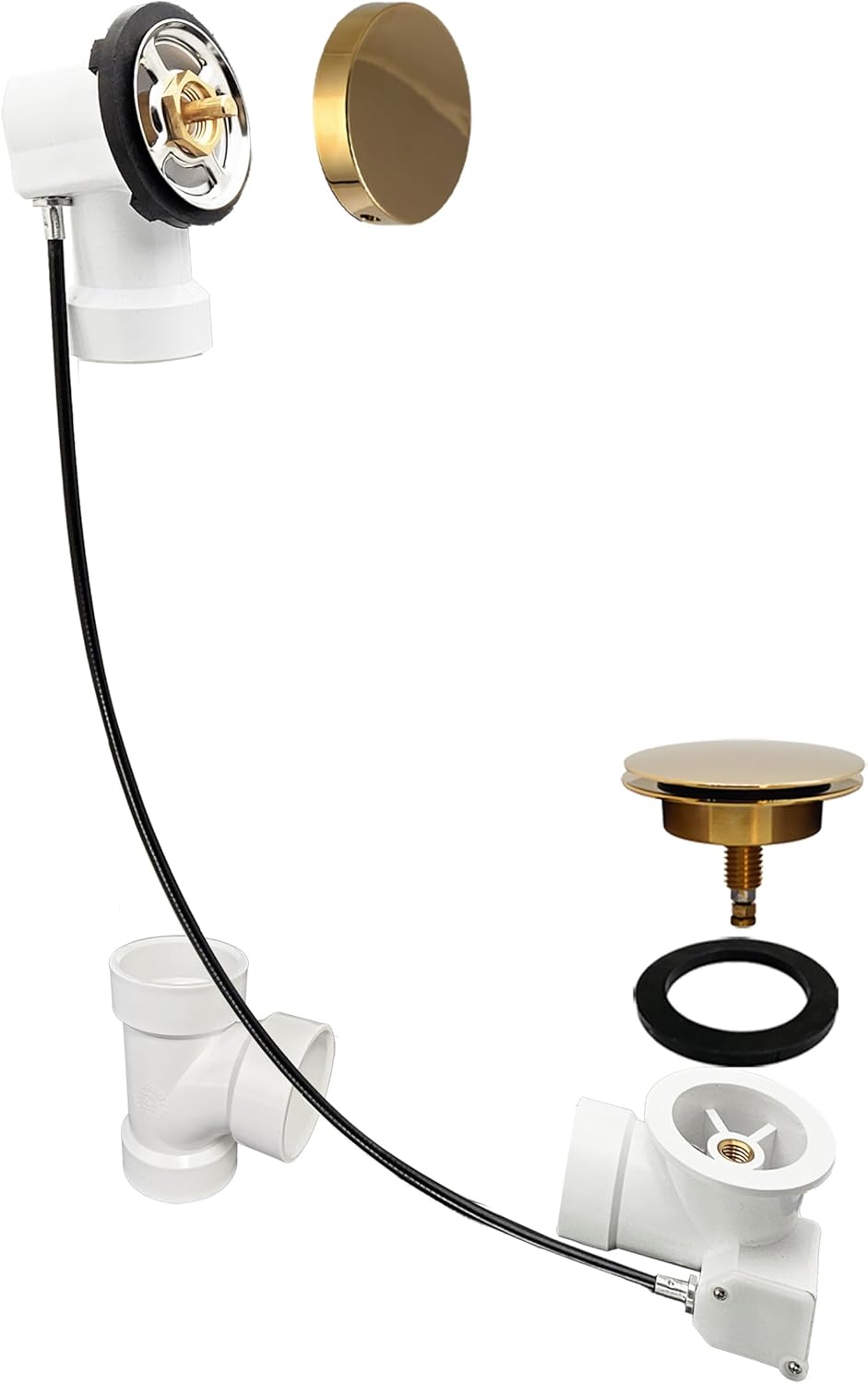 Westbrass D50P35SRE-01 35" Cable Drive Bathtub Drain Trim with Rotary Overflow Cover Knob, Pop-Up Stopper Sch. 40 PVC Fittings, Polished Brass