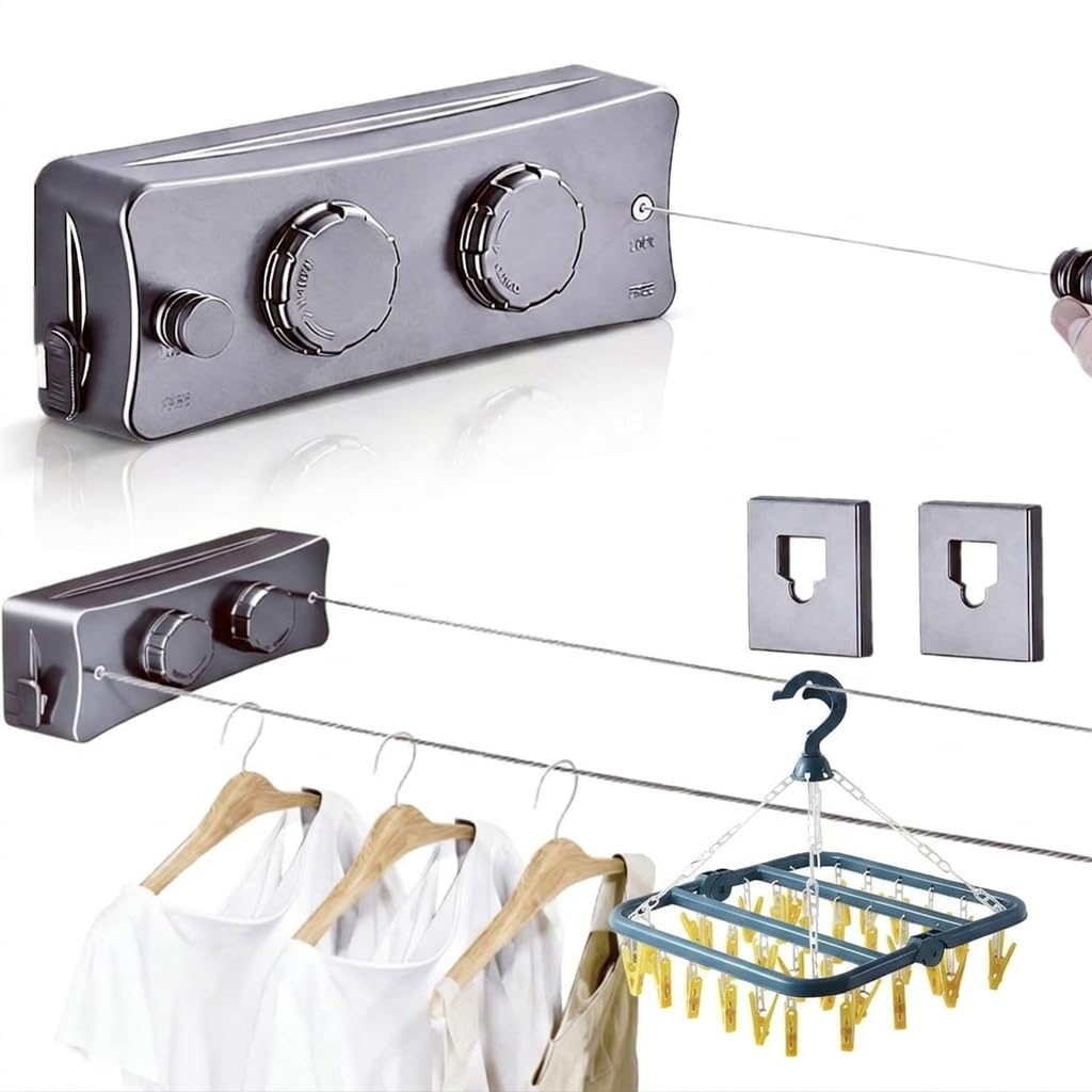 ️ Pack Tendedero Retractil Pared Doble 10.2m Acero Inoxidable + Perchero 32 Pinzas | Tendedero Extensible Pared Interior y Exterior | Intalacion con Tornillos | Color Gris