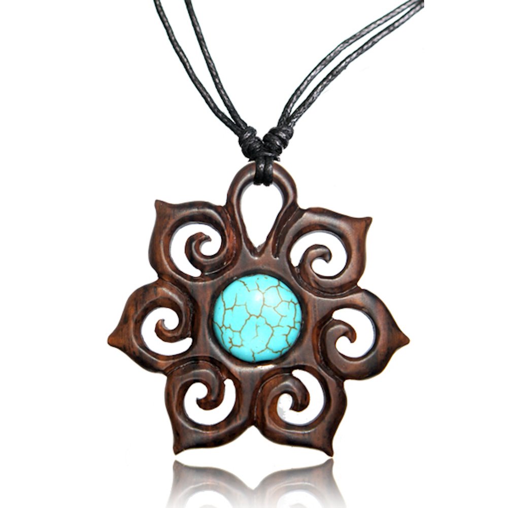 Earth Accessories Adjustable Turquoise Necklace with Organic Wood - Mandala Flower of Life Turquoise Jewelry for Women - Western Wooden Pendant