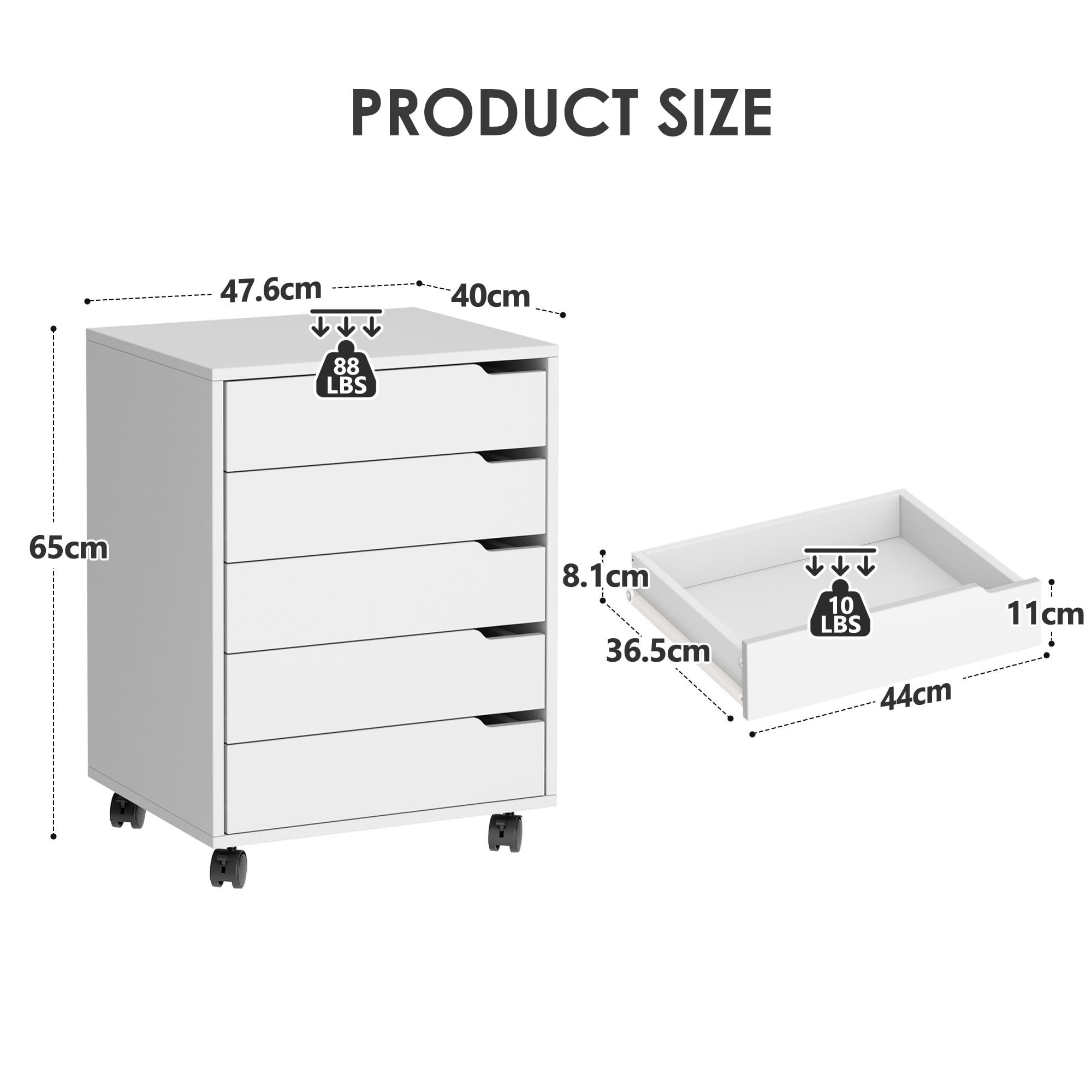 SDHYL 5-Schublade vertikaler Aktenschrank mit Griffen, rollwagen mit schubladen， rollcontainer mit schubladen，unter Schreibtisch Schublade Lagerung für Home Office, 5 Schubladen,weiß