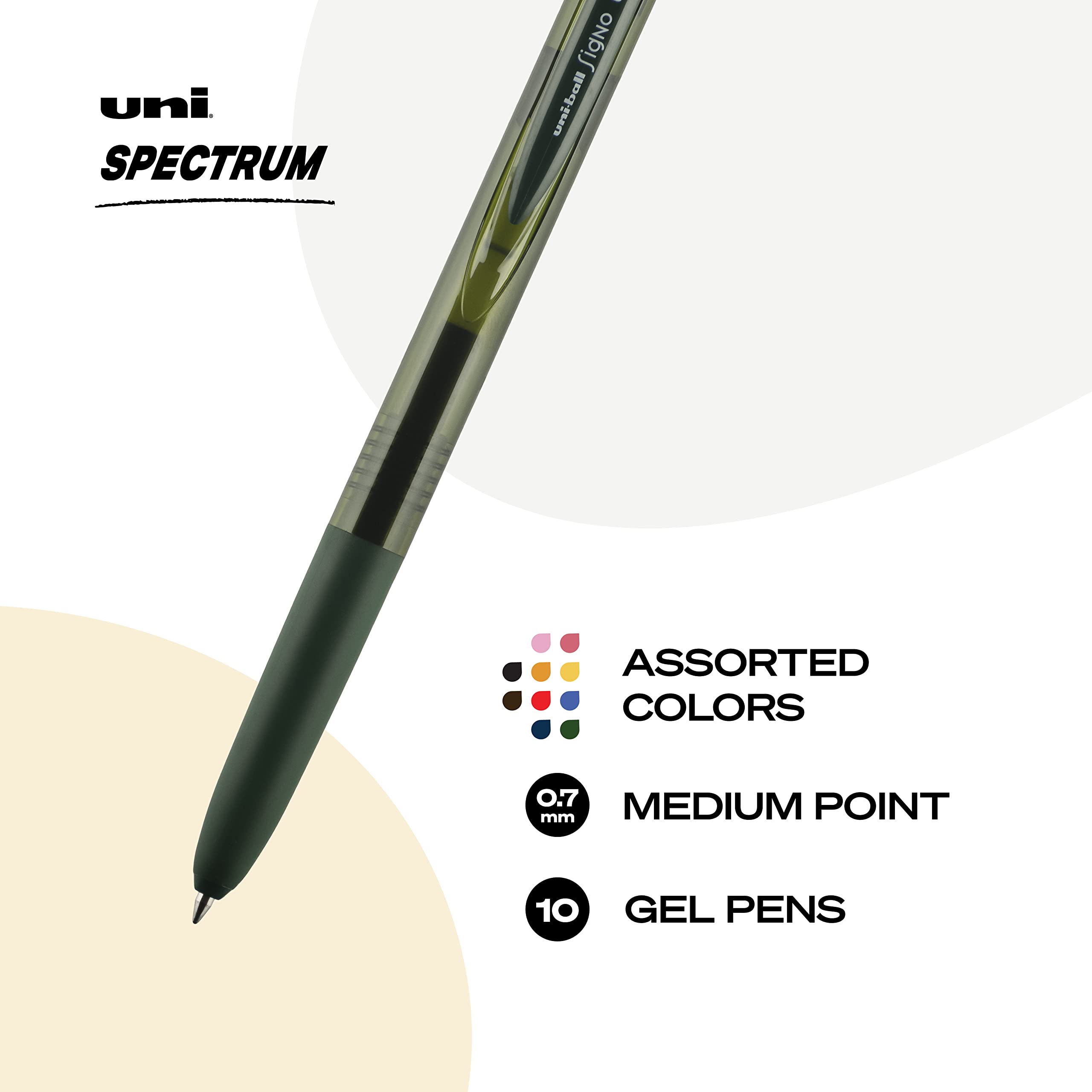uni-ball Długopis żelowy Spectrum chowany 15 sztuk w różnych kolorach ze średnimi końcówkami 0,7 mm, atrament Uni-Super jest gładki, żywy i chroni przed wodą, blaknięciem i oszustwem