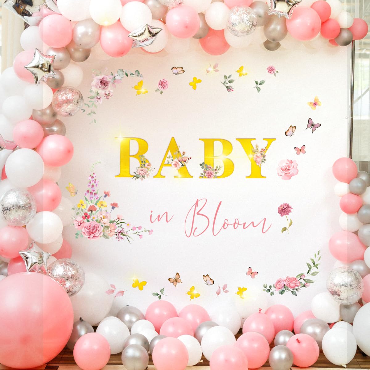 Runtoo Baby Shower Party Decal Sign Baby in Bloom Gold Gender Reveal Wildflower Butterfly Girls Decoration Sticker Backdrop Large Balloon Arch Wall Decor
