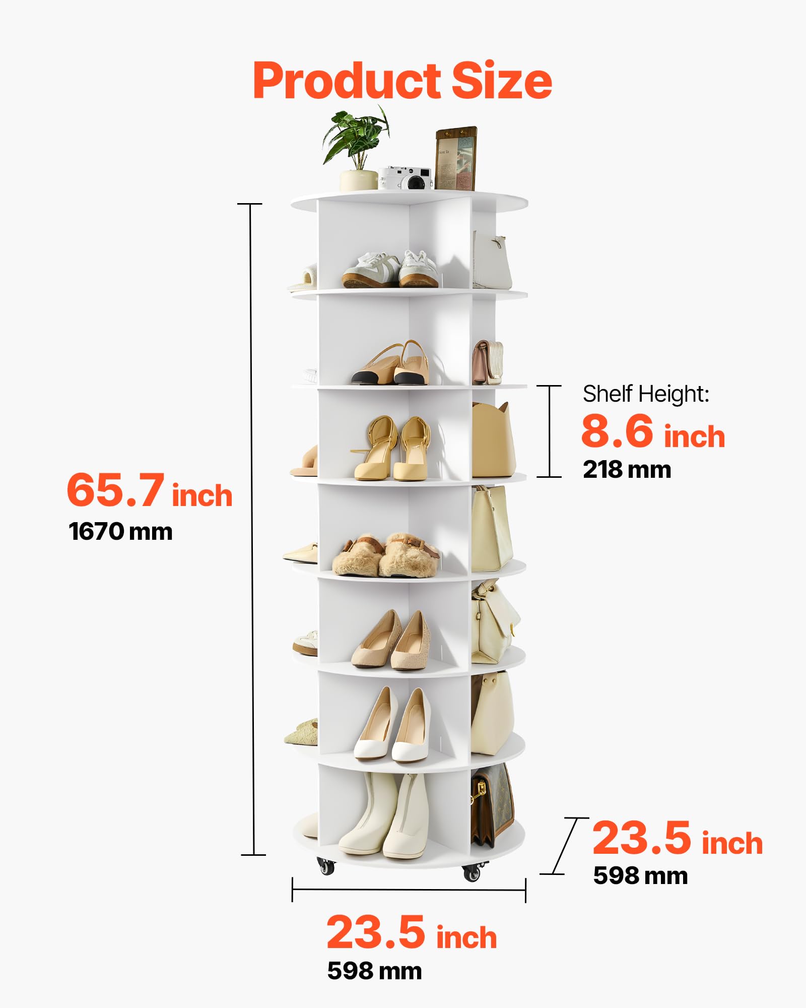 VEVOR Carosello Portascarpe Supporto Girevole a 360° 598 x 598 x 1670 mm per 28 Paia di Scarpe 7 Ripiani, Portascarpe con Ruote, Ripiano per Scarpe per Camera da Letto, Soggiorno, Ingresso, Bianco
