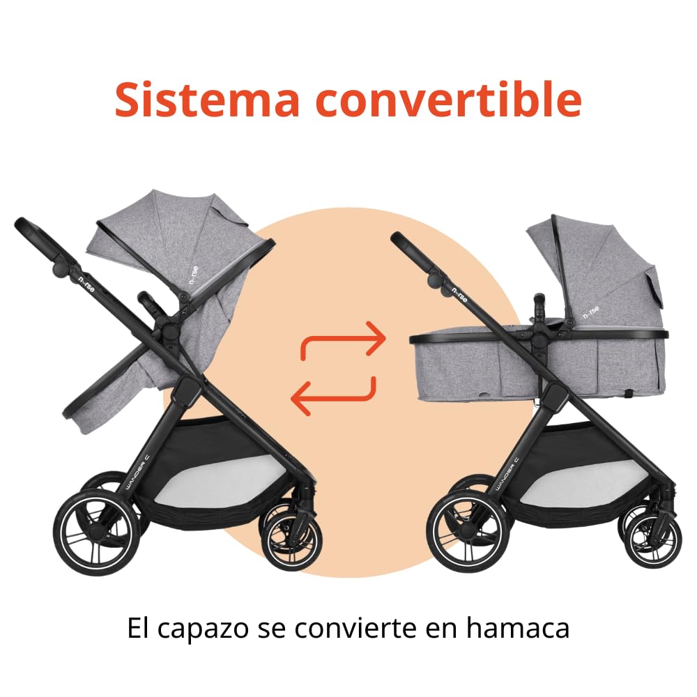 Nurse Wander C Trio Carrito de Bebé 3 en 1, Capazo Convertible en Hamaca y Silla de Coche i-Size, Plegado Compacto, con Accesorios, Gris