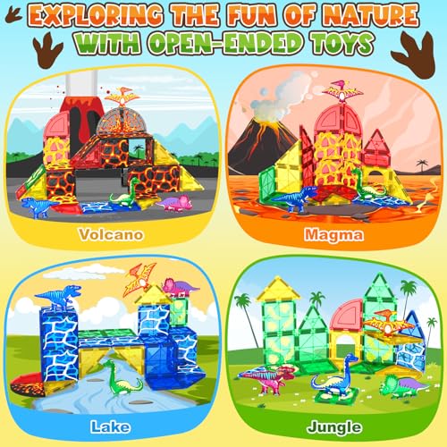 Coodoo Dinosaur Toys Magnetic Tiles Lava Dinosaur World Set - Magnetic Blocks Building for Kids 3-5 5-7 Girls Boys Toy Age 4-6 6-8, Classroom Must Haves Toddler Sensory for 3+ Year Old Kids Toys image 5