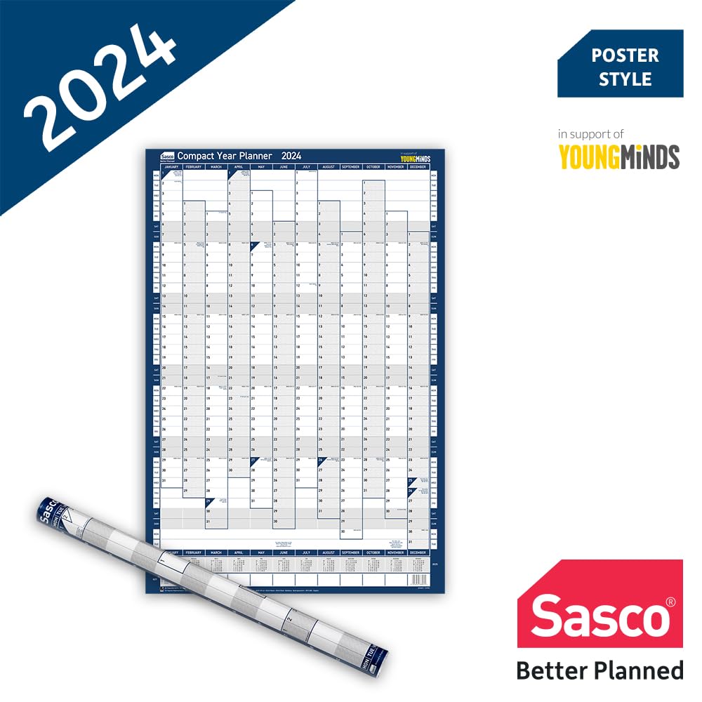 Sasco Kompakter Jahresplaner 2024, Papier Mini Whiteboard Poster Stil Abwischbarer Abwischbarem