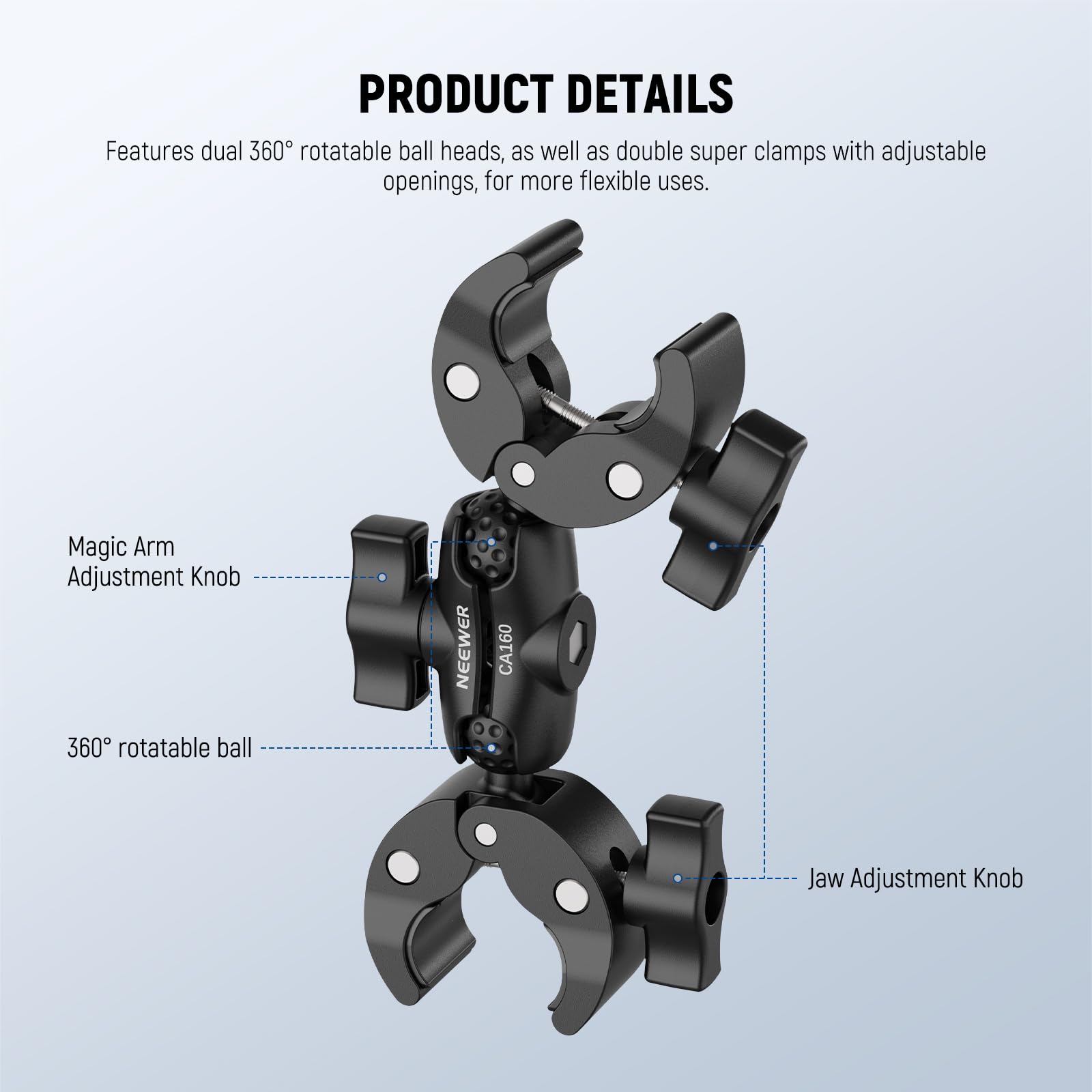 NEEWER Doppio Super Clamp con Magic Arm, Supporto a Morsetto per Palo Ombrello Bandiera a 360° per Scrivania Studio Fotografico Stativo Riflettore Scrim Traversa Manubrio Moto Passeggino Sedia, CA160