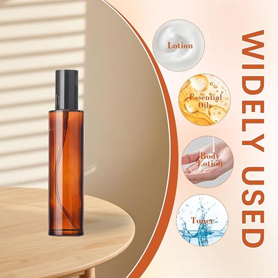2PCS 100ml/3.3oz Empty Refillable Amber Glass Lotion Pump Press Bottles Soap Dispensers Containers Jars with Black Cap for Foundation Cream Makeup Removel Oil Shampoo
