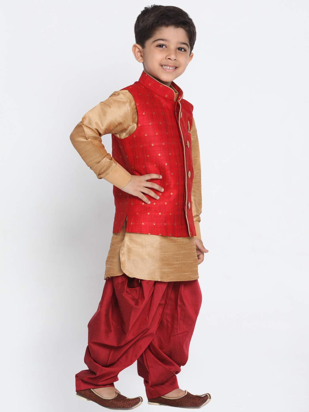 Vastramay Banarasi Brocade Woven Jacquard Nehru/Modi Jacket With Silk Pathani Kurta & Dhoti Pant Set  Traditional Ethnic Wear For Boys