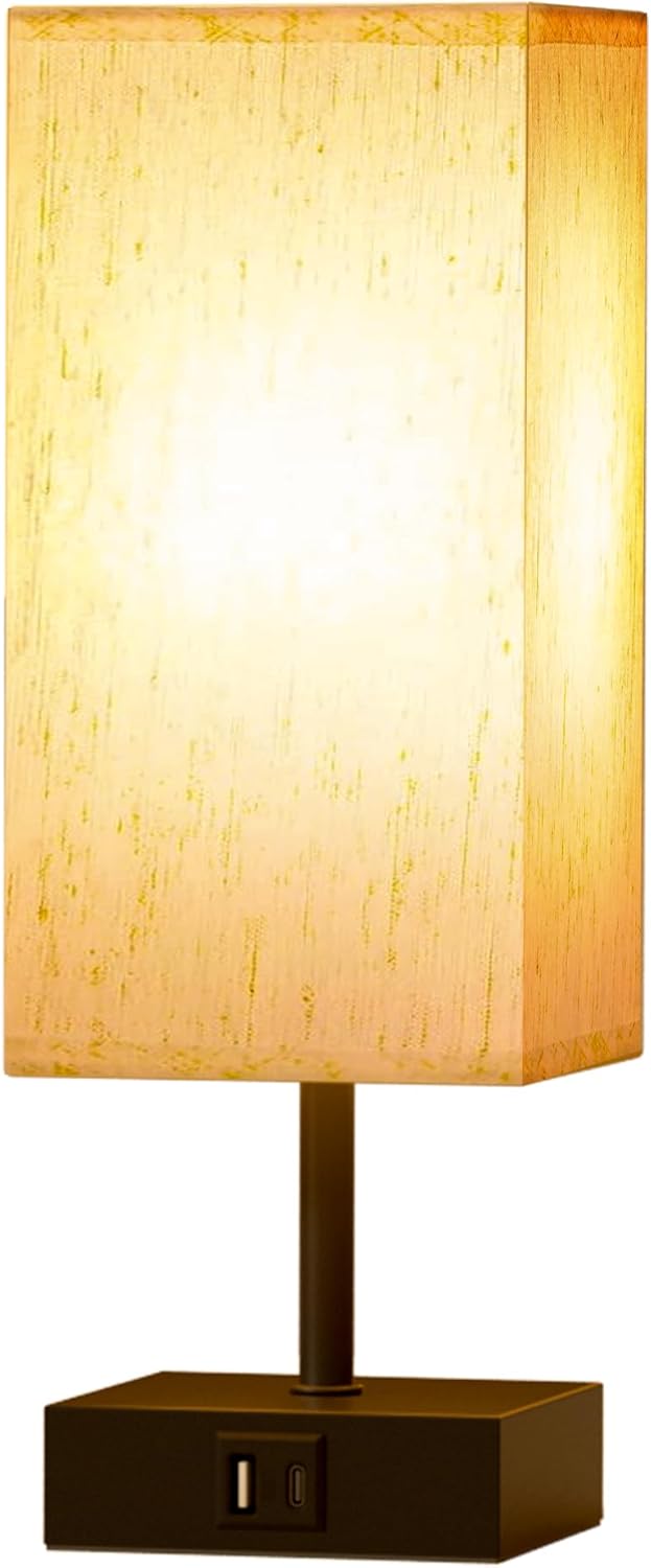 comzler Bedside Lamp, Touch Control Table Lamp for Bedroom, Small Nightstand Lamp with 3 Way Dimmable, USB-C + A Ports for Bedroom, Home Decor, Living Room, LED Bulbs Included, Upgraded Fabric Shade