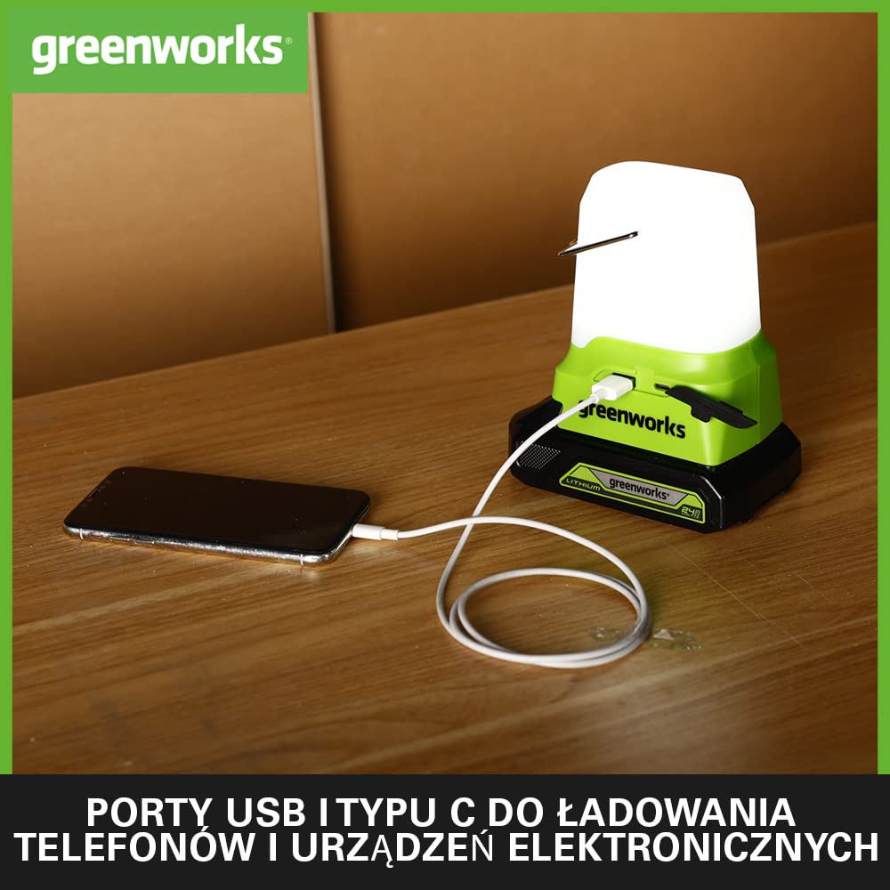 Greenworks G24LA500 Akumulatorowa Latarnia i Lampa Kempingowa z Hakiem do Zawieszania, 500 Lumenów, 3 Ustawienia Jasności, Gniazda USB i Typu C BEZ Akumulatora 24V i Ładowarki, 3 Lata Gwarancji