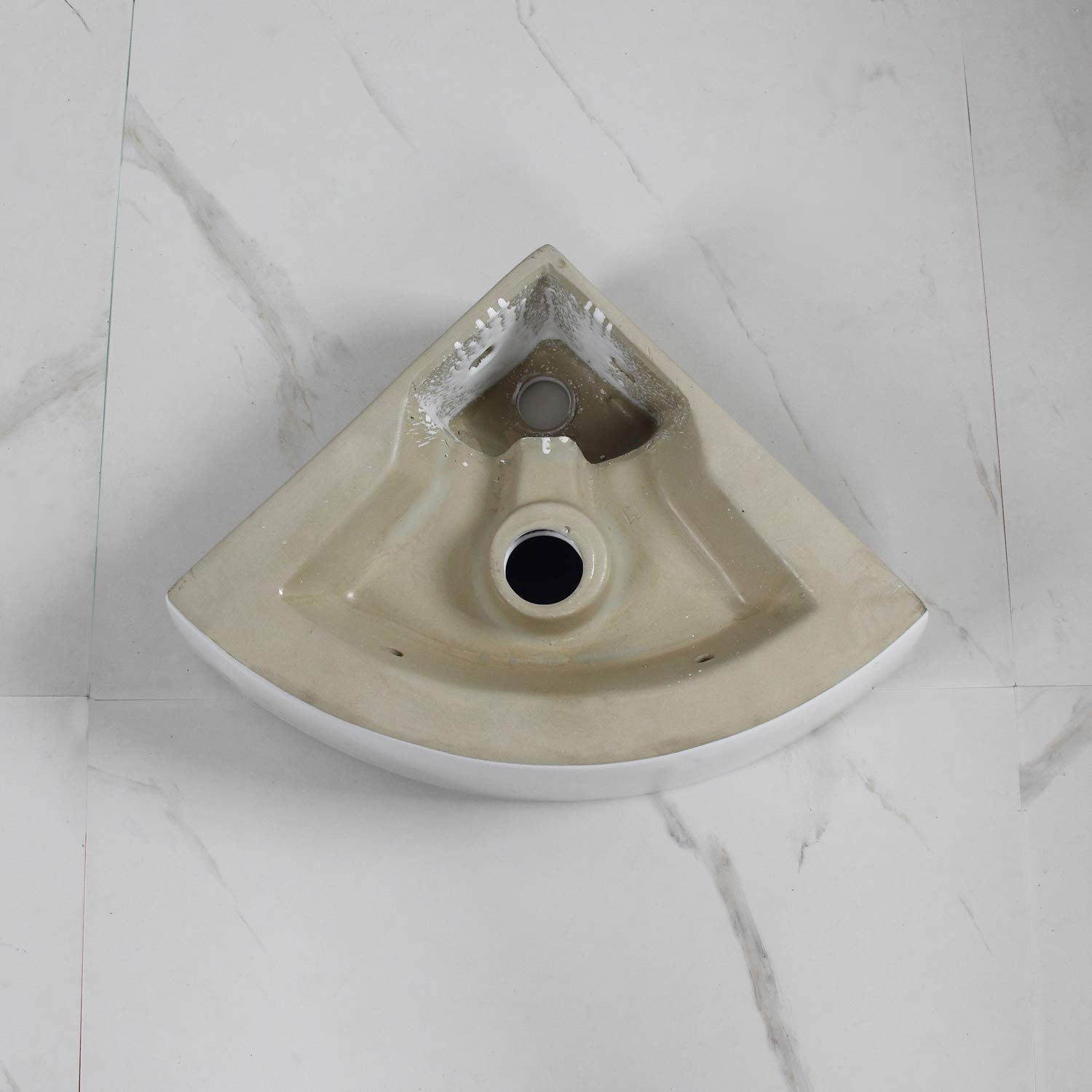 Lavabo d'angle mural avec robinet Siphon Lavabo en céramique fait main Blanc brillant Design simple Facile à installer et à nettoyer pour salle de bain Vestiaire WC