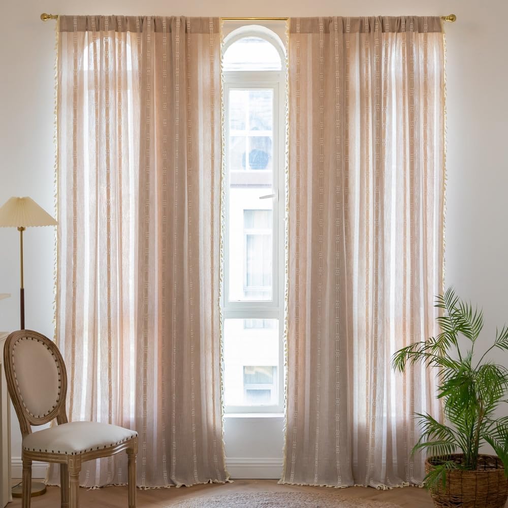 Boho Curtains 2 Panels Farmhouse Semi Blackout Curtains for Bedroom Living Room Curtains 63 inch Long Cotton Natural Linen Textured Light Filtering Curtains for Room Darkening Curtains 55" W x 63" L