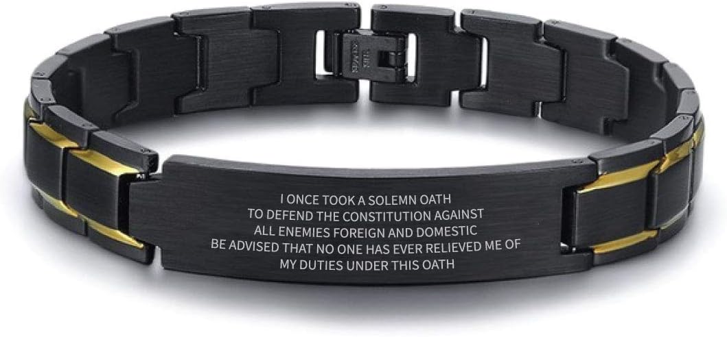 Military Oath Bracelet for Men “I Took a Solemn Oath” Engraved Black Stainless Steel Link Wristband Patriotic Veteran Gift for Army, Navy, Air Force, Marines Military Christmas Retirement or Memorial