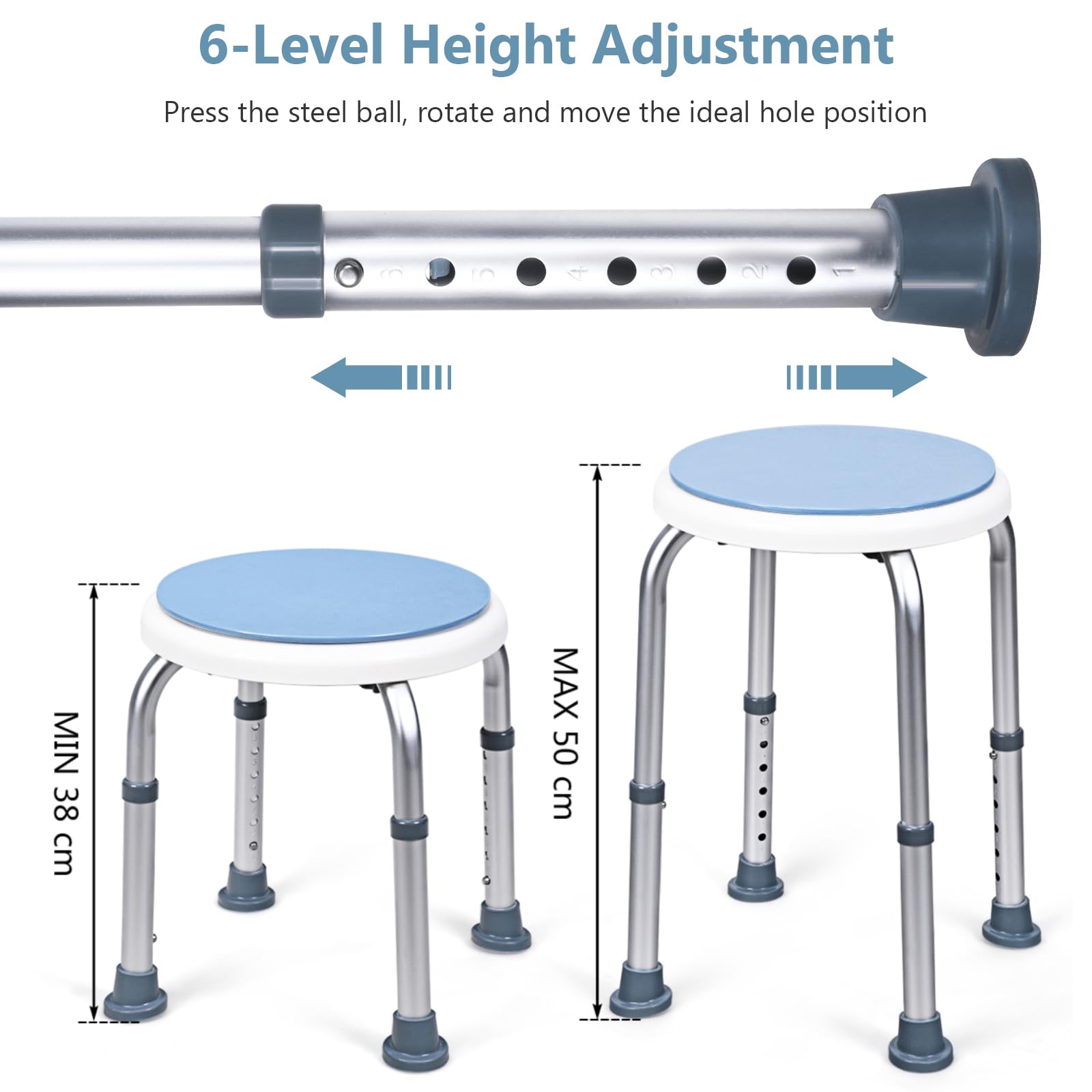Taburete de ducha ajustable, asiento redondo giratorio de 360° con almohadillas de goma antideslizantes, silla de aluminio ajustable en altura para ancianos, discapacitados y embarazadas