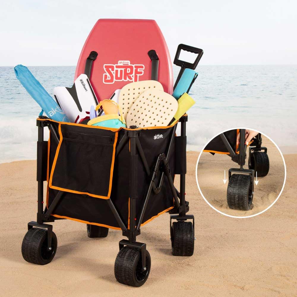AKTIVE Chariot de Transport Pliable, Plage, Jardin, Camping, Jusqu'à 80 kg, roulettes Robustes et roulettes Pivotantes à 360° avec Frein, Poignée Multiangle, avec Pochette, Noir et Orange