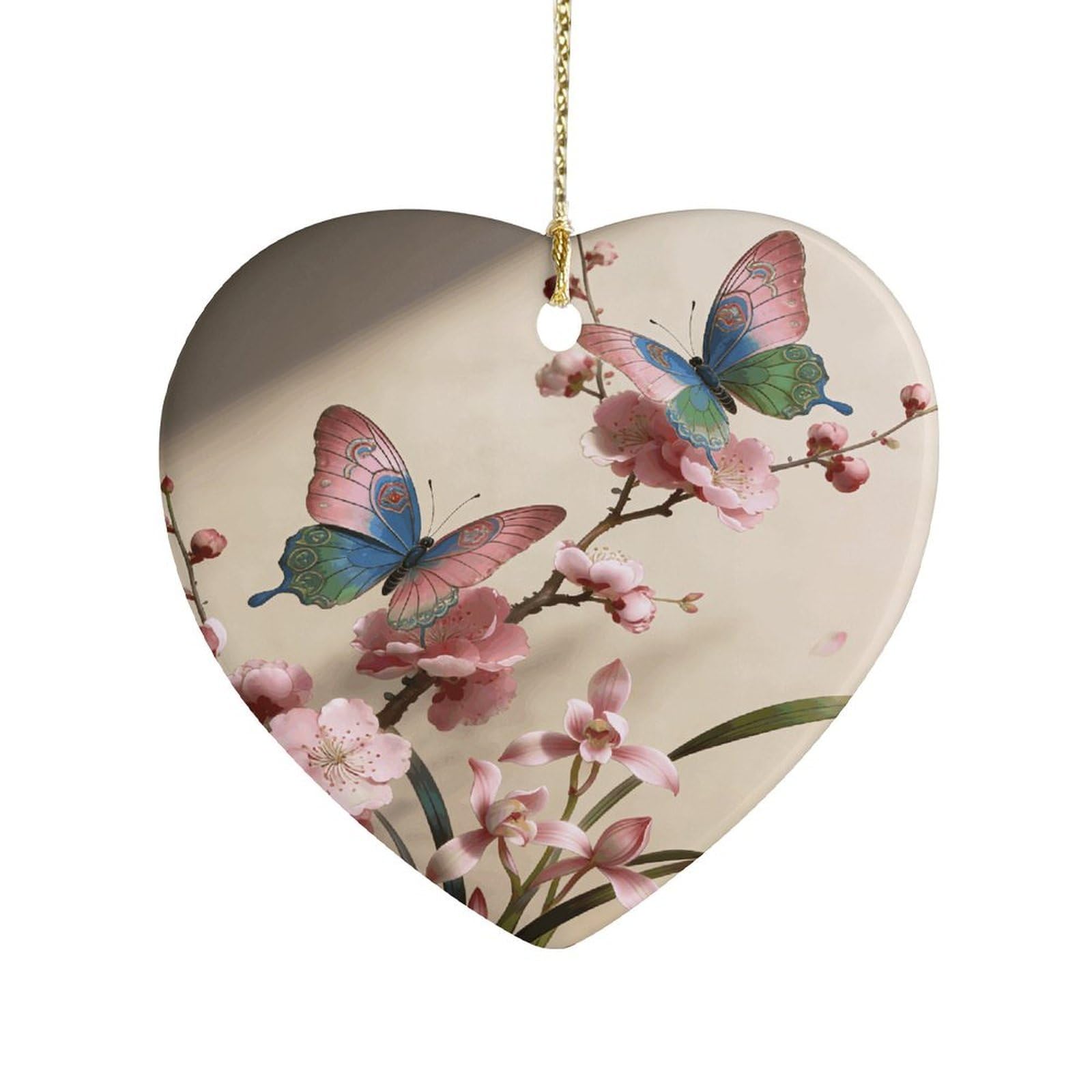 Khauerbc Style Butterfly Perches On The Spring Branch.heart Shaped Ceramic Ornament With String,Ceramic Ornament,Two-Sided Printed For Christmas Tree And Holiday Decoration