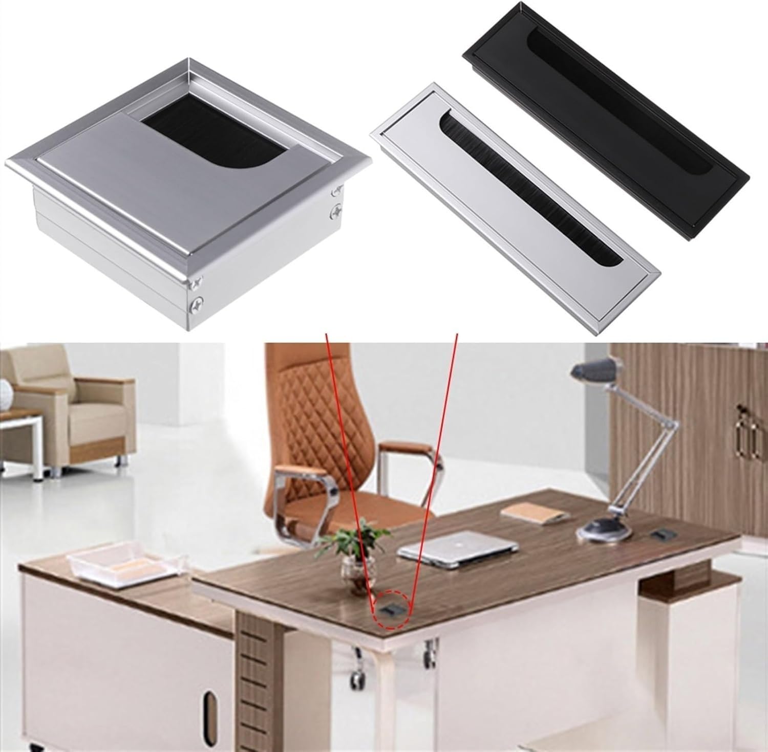 Passe-câbles De Bureau, Cache-trou Prise, Câble En Alliage D'aluminium, Passe-câble Rectangulaire for PC, Table, Port Sortie Avec Brosse Noire(Black,120x600mm)