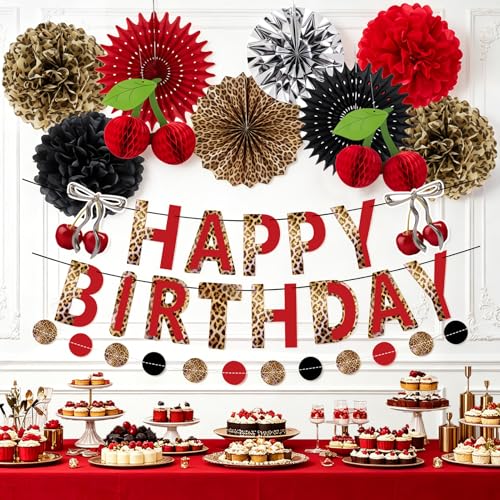Image of Cheetah Birthday Party Decorations Cherry Print Paper Fans Tissue Pom Pom Cherry Honeycomb Animal Print Birthday Banner Hanging Swirls Red Black Animal Print Party Decoration for Women Girls Birthday