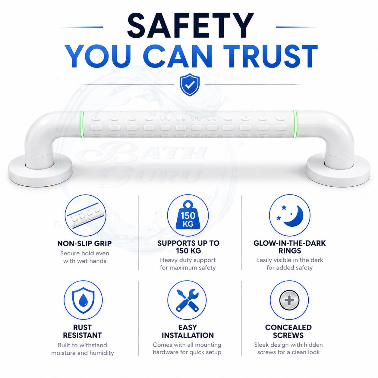BATH GURU Heavy Duty Grab Bar for Bathroom & Toilet | Anti-Slip ABS Safety Handle for Elderly, Senior Citizens & Disabled with SUS304 Steel Core | Wall Mounted Shower Support Rail (White, 15 Inch) 3