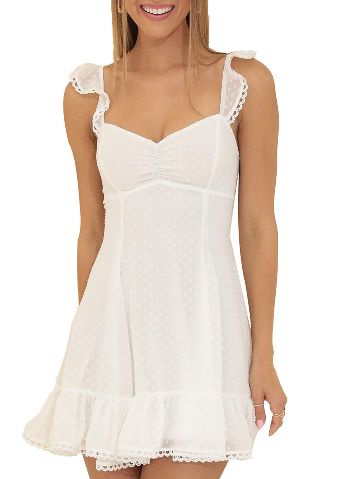 Fiacafyo Women Y2k Lace Trim Mini Dress Sleeveless Backless Bow Tie Strap Short Tank Dress Ruffle A Line Fairy Flowy Sundress (E-White, XL)