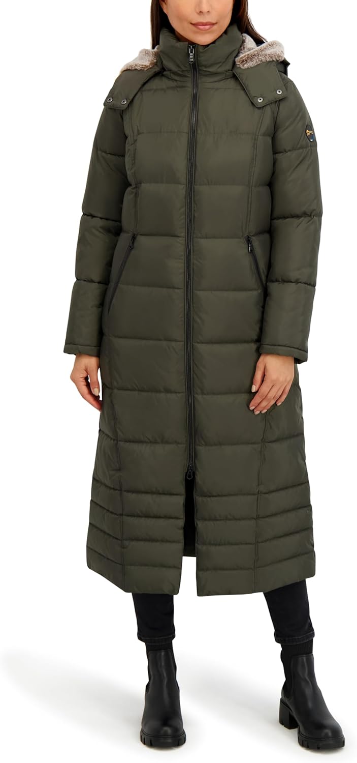 HFX Women's Maxi Puffer Coat– Mid-weight Long Coat, Water-resistant Winter Jacket, Faux Fur Lined Hood
